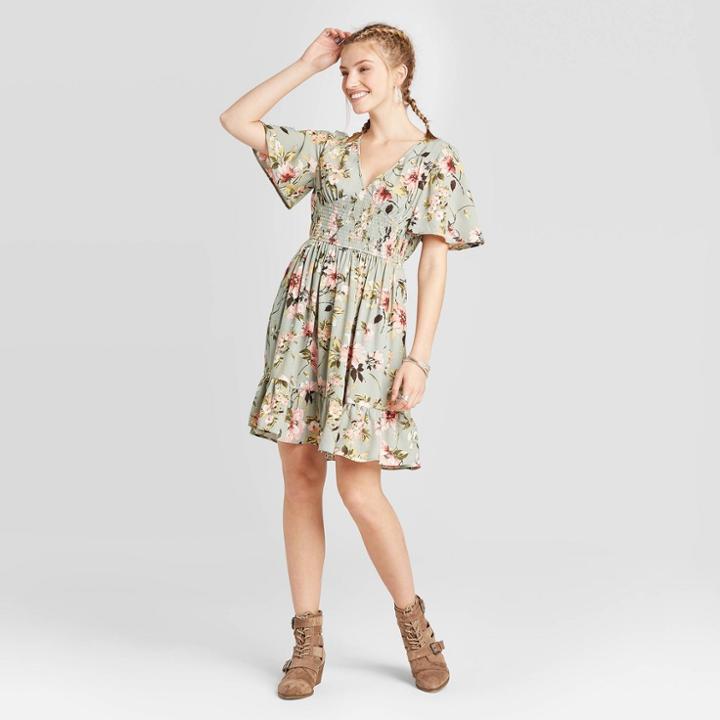 Women's Floral Print Short Sleeve V-neck Smocked Waist Mini Dress - Xhilaration Green
