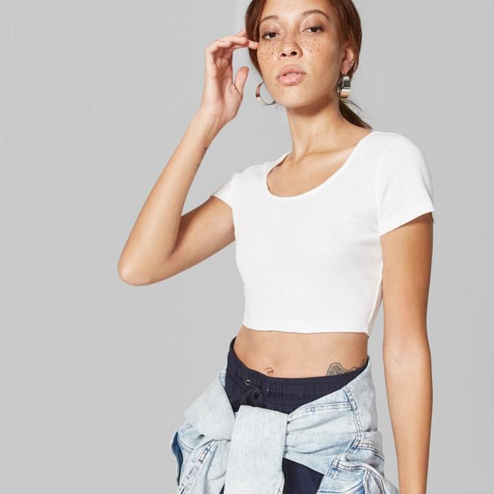 Women's Basic Sleeve Scoop Neck Rib Little T-shirt - Wild Fable White