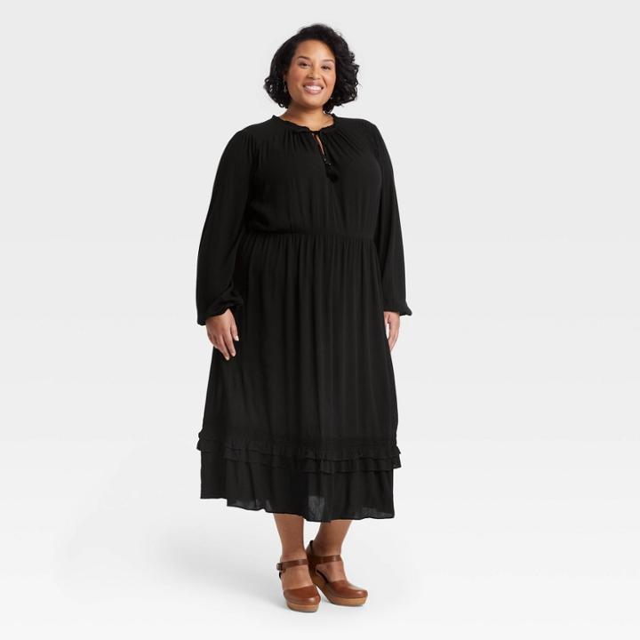 Women's Plus Size Ruffle Long Sleeve Dress - Knox Rose Black