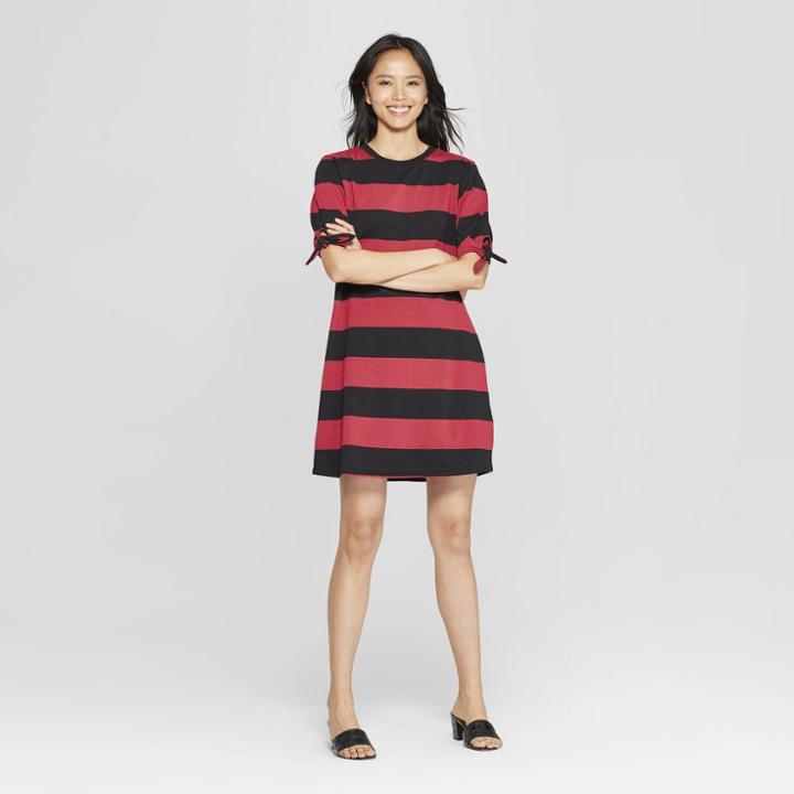 Women's Striped Short Knotted Sleeve T-shirt Dress - Who What Wear Red/black