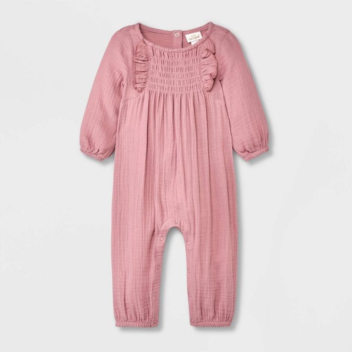 Baby Girls' Solid Long Sleeve Romper - Cat & Jack Rose Pink Newborn