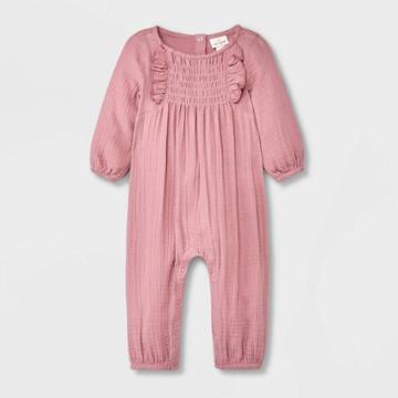 Baby Girls' Solid Long Sleeve Romper - Cat & Jack Rose Pink Newborn