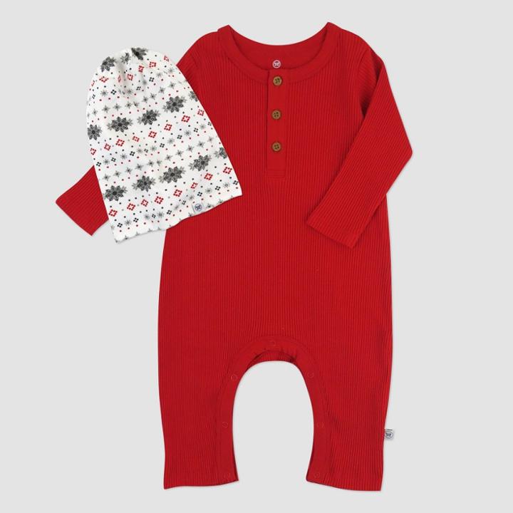 Honest Baby 2pc Holiday Chunky Rib Coveralls And Beanie Set - Red Newborn