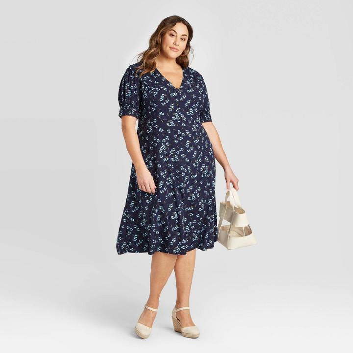 Women's Plus Size Floral Print Short Sleeve Dress - Ava & Viv Navy X, Women's, Blue