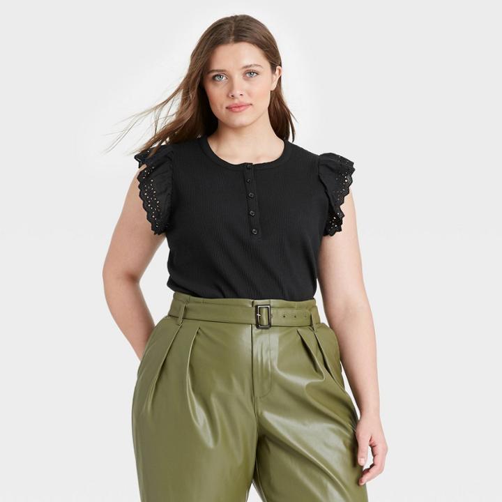 Women's Plus Size Eyelet Ruffle Sleeve Tank Top - Who What Wear Black