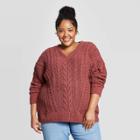 Women's Plus Size Long Sleeve V-neck Cable Chenille Pullover Sweater - Universal Thread Pink X