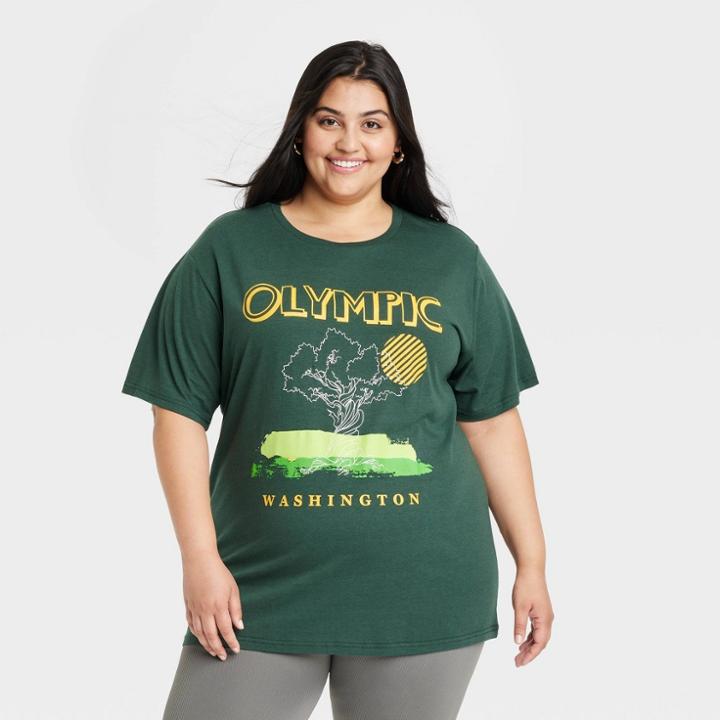 Philcos Women's Plus Size Olympic Short Sleeve Graphic Boyfriend T-shirt - Dark Green