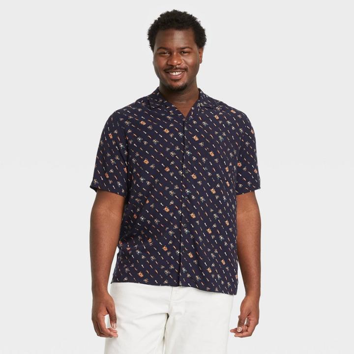 Men's Tall Regular Fit Camp Collar Short Sleeve Button-down Shirt - Goodfellow & Co Deep Blue