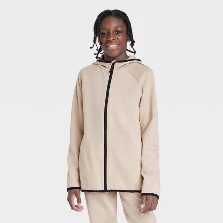 Boys' Premium Fleece Full Zip Hooded Sweatshirt - All In Motion Khaki