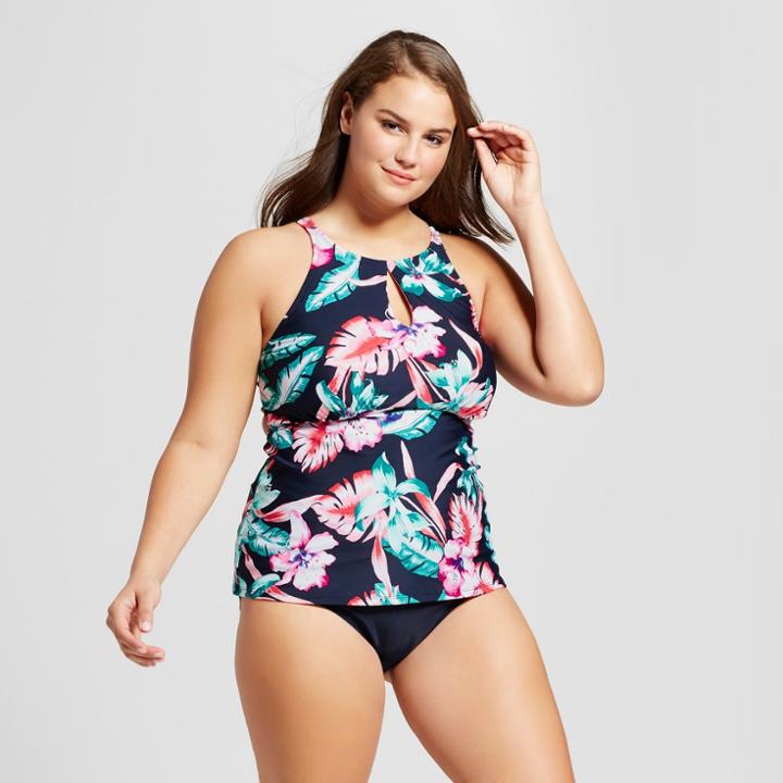 Surfside Women's Plus Size Tropical Strappy High Neck Tankini - Navy Tropical3x, Size:
