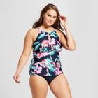 Surfside Women's Plus Size Tropical Strappy High Neck Tankini - Navy Tropical3x, Size: