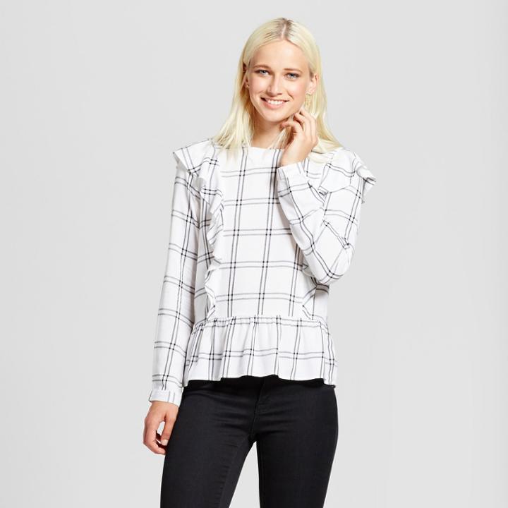 Women's Plaid Ruffle Peplum Top - Alison Andrews White/black L,