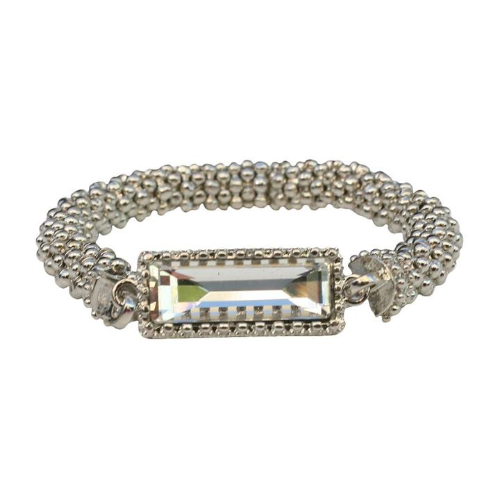Zirconmania Satin Textured Rondelles With Rectangular Crystal Stretch Bracelet - Rhodium,