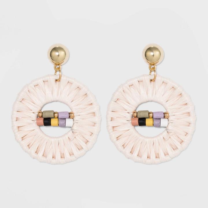 Woven Raffia And Wood Beaded Earrings - A New Day Ivory