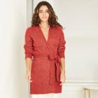 Women's Heathered Belted Open-front Cardigan - A New Day Red