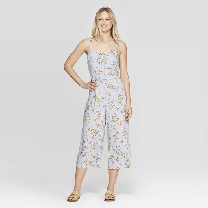 Women's Floral Print Sleeveless Sweetheart Neck Strappy Cropped Jumpsuit - Xhilaration Ice Blue