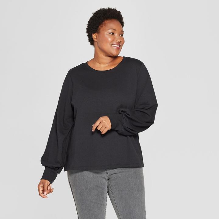 Women's Plus Size Balloon Long Sleeve Pullover - Ava & Viv Black