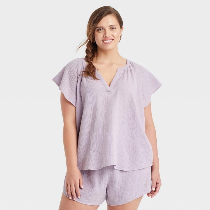 Women's Plus Size Flutter Short Sleeve Blouse - Universal Thread Purple