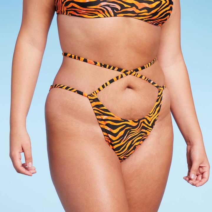 Women's Strappy Extra High Leg Extra Cheeky Bikini Bottom - Wild Fable Orange & Black Animal Print