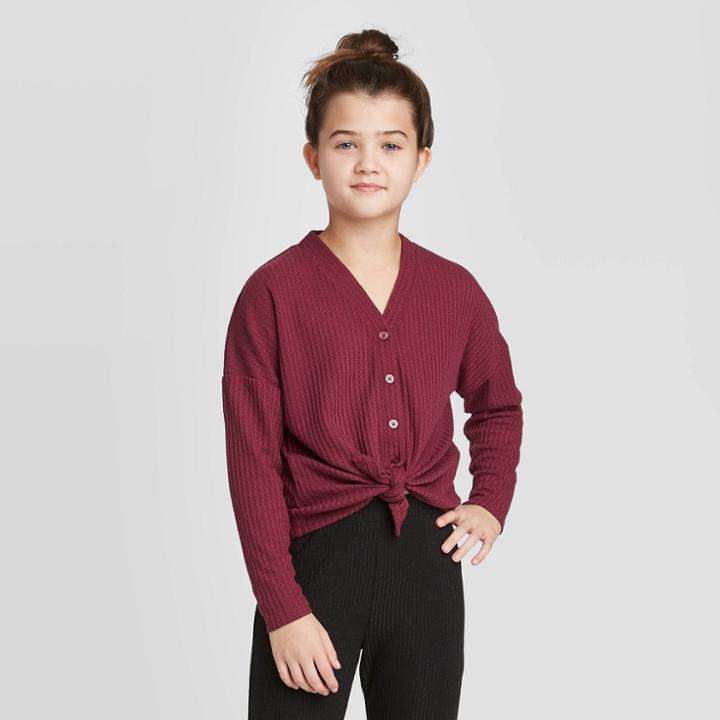 Girls' Knit Tie-front Cardigan - Art Class Burgundy Xs, Girl's, Red