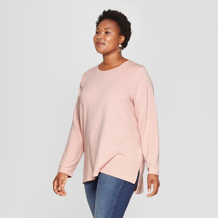 Women's Plus Size Long Sleeve Crew Neck T-shirt - Ava & Viv Blush