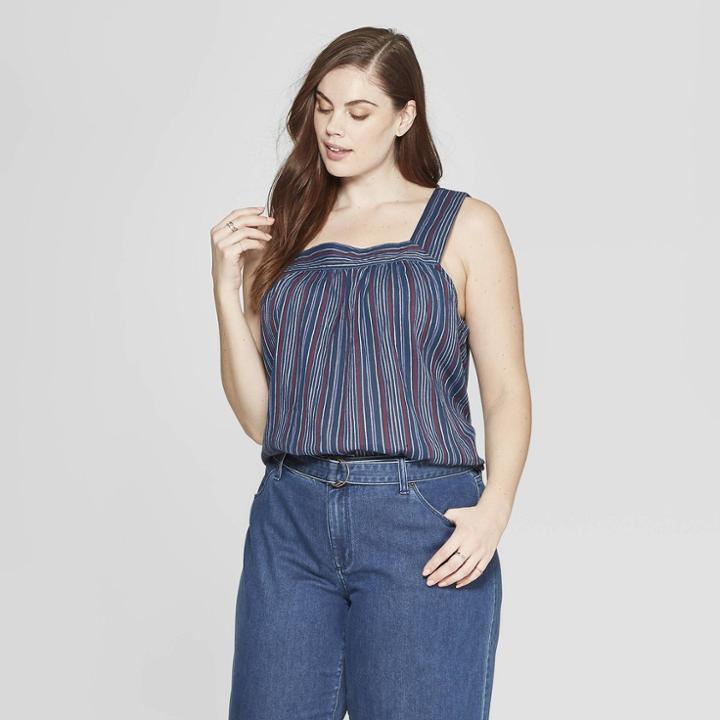 Women's Plus Size Striped Sleeveless Square Neck Top - Universal Thread Navy
