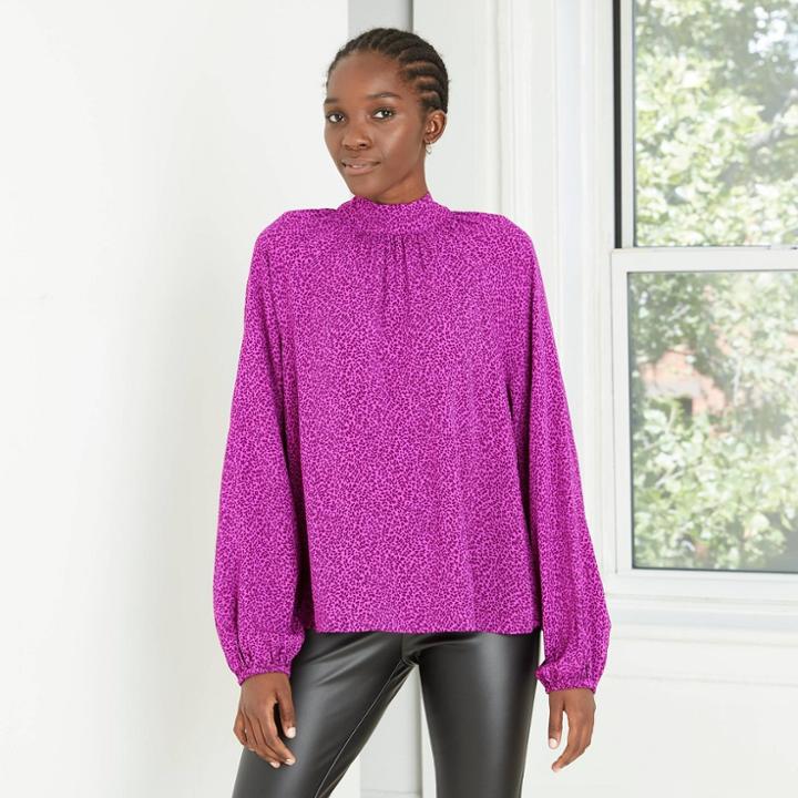 Women's Leaf Print Long Sleeve Blouse - A New Day Purple