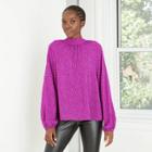 Women's Leaf Print Long Sleeve Blouse - A New Day Purple