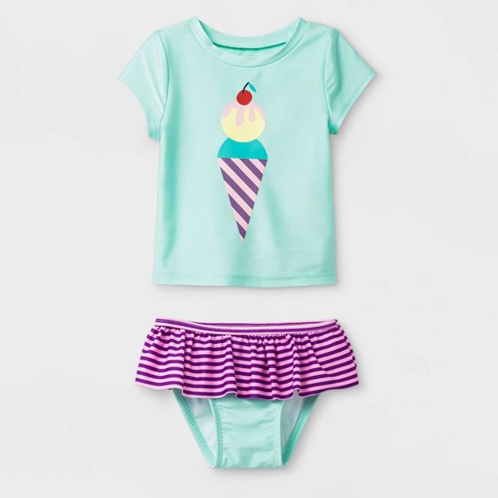 Petitebaby Girls' Short Sleeve Ice Cream Rash Guard Set - Cat & Jack Green 9m, Girl's, Ivory/green/white