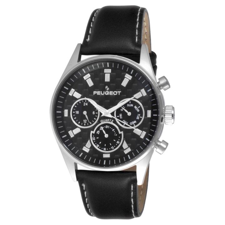 Peugeot Watches Men's Peugeot Stainless Steel Multi-function Leather Strap Watch -