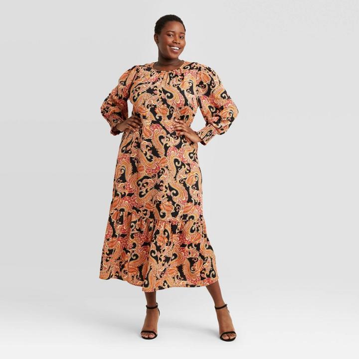 Women's Plus Size Paisley Print Puff Long Sleeve Dress - Who What Wear Black