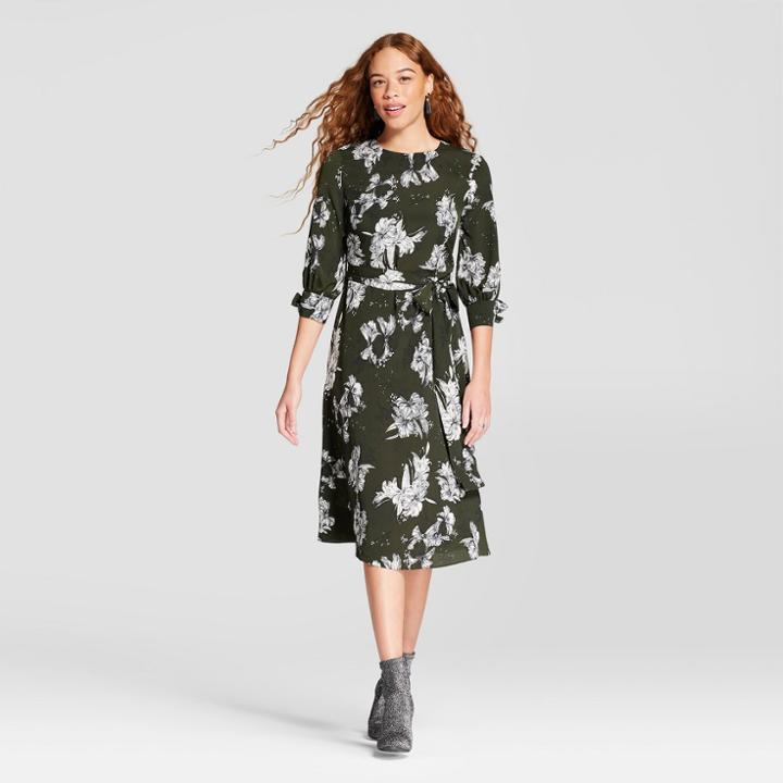 Women's Floral Tie Waist Dress - K By Kersh Olive