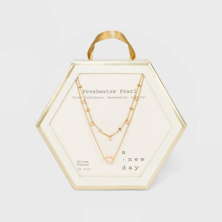 Gold Plated Freshwater Pearl Healing Stone Station Duo Necklace - A New Day Pink, Women's,