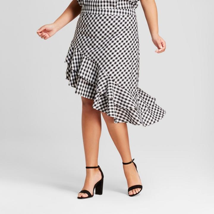 Women's Plus Size Gingham Asymmetrical Ruffle Skirt - A New Day Black/white