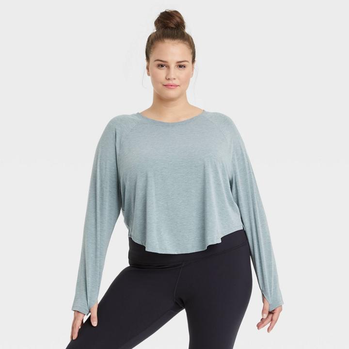 Women's Plus Size Long Sleeve Crop Top - All In Motion Teal