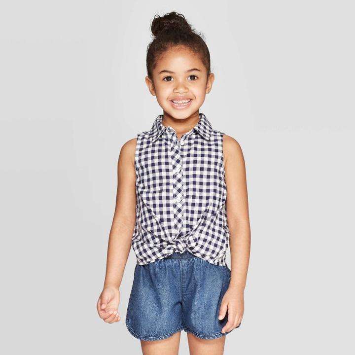 Toddler Girls' Sleeveless Button-down Shirt - Cat & Jack White/navy