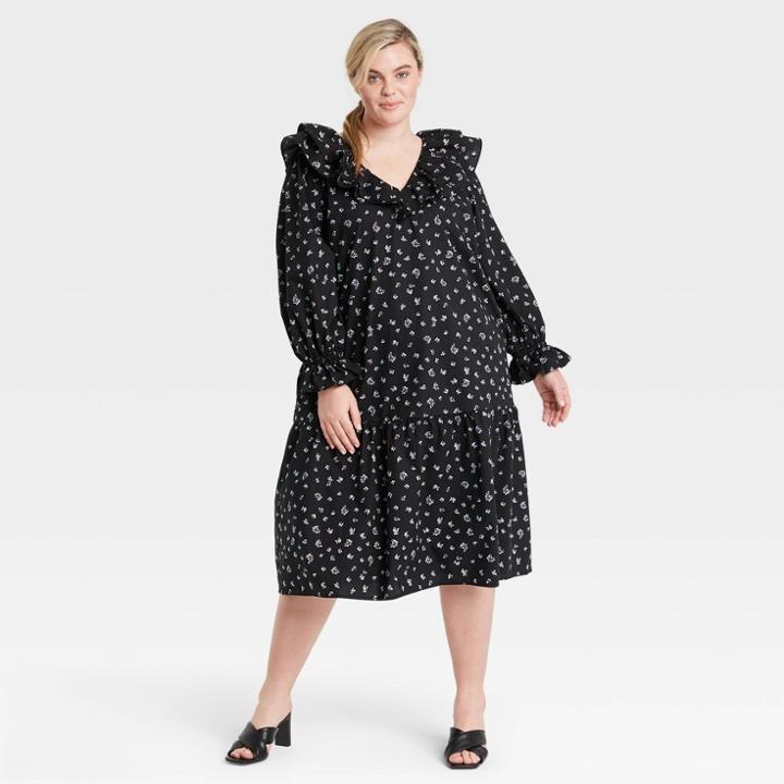Women's Plus Size Balloon Long Sleeve Dress - Who What Wear Black Floral