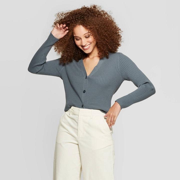 Women's Casual Fit Front Button-down Long Sleeve V-neck Cardigan - A New Day Teal