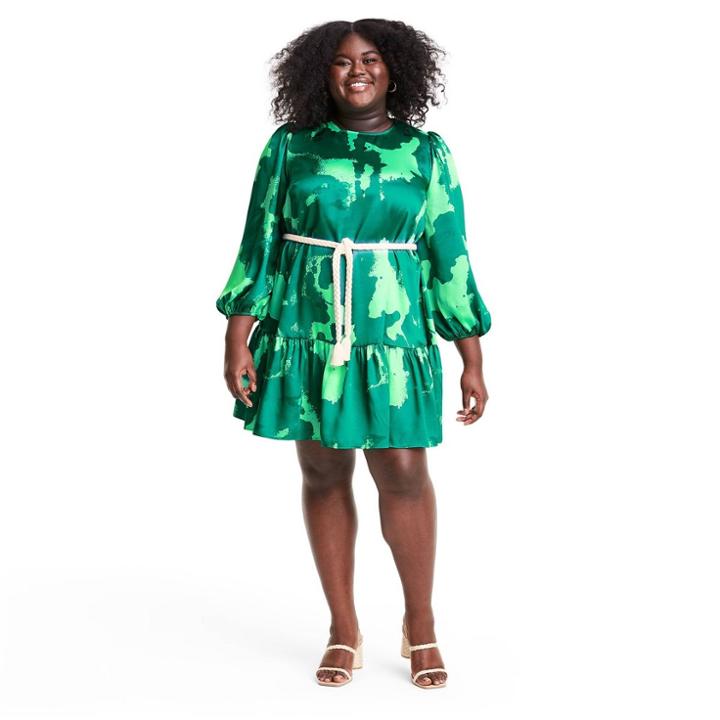 Plus Size Long Sleeve Rope Belt Tiered Dress - Alexis For Target Green