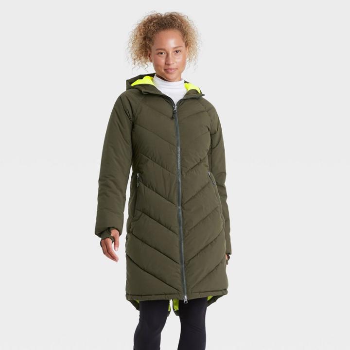 Women's Mid-length Puffer Jacket - All In Motion Olive Green Xl, Green Green