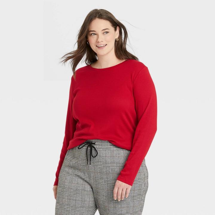 Women's Plus Size Long Sleeve Ribbed T-shirt - A New Day Red