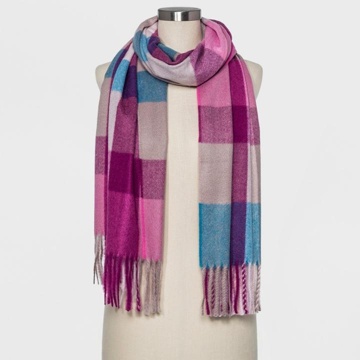 Women's Plaid Blanket Scarf - A New Day Cream, Pink