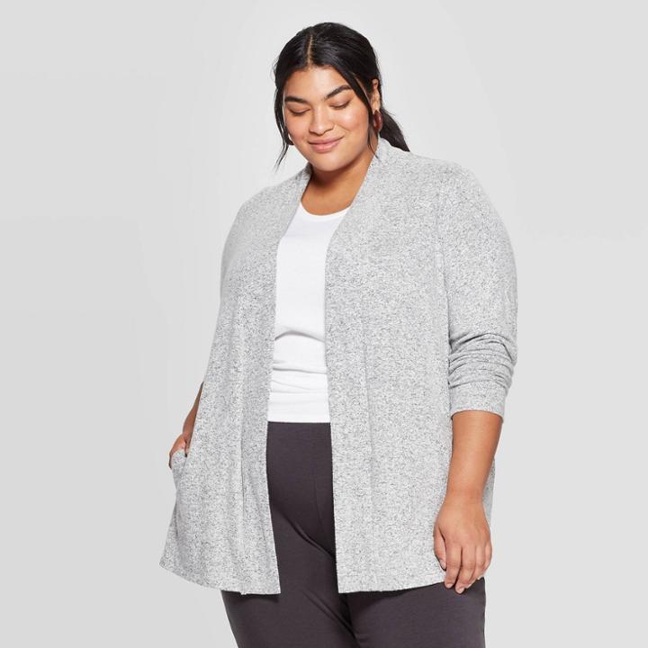 Women's Plus Size Long Sleeve Collared Open Layering Cardigan - Ava & Viv Gray X