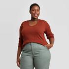 Women's Plus Size Long Sleeve Scoop Neck Pointelle T-shirt - Universal Thread Brown