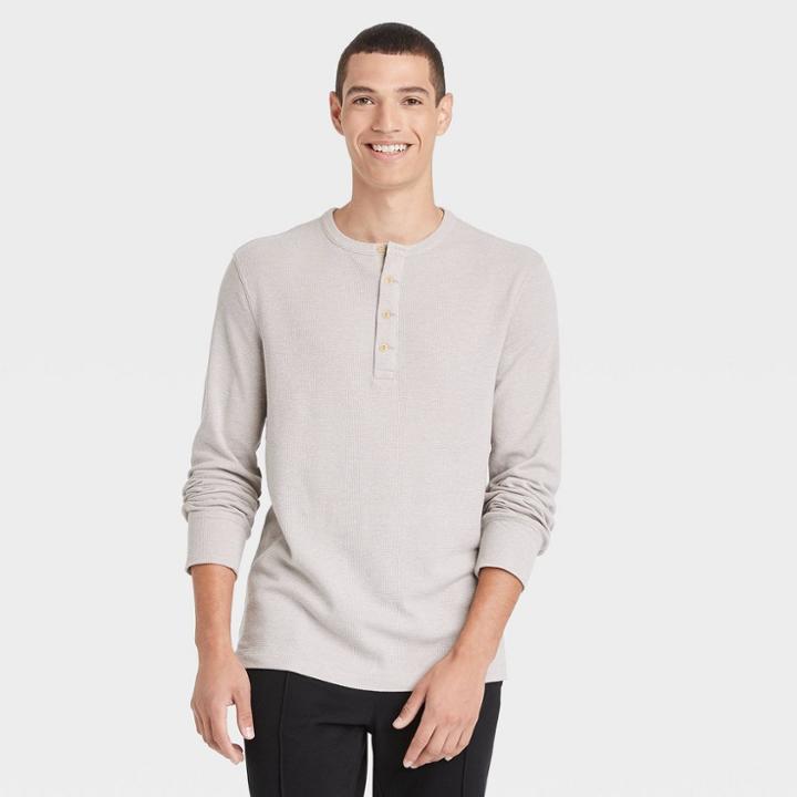 Men's Standard Fit Long Sleeve Henley T-shirt - Goodfellow & Co Beige