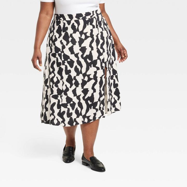 Women's Slit Midi A-line Skirt - Ava & Viv Black Abstract
