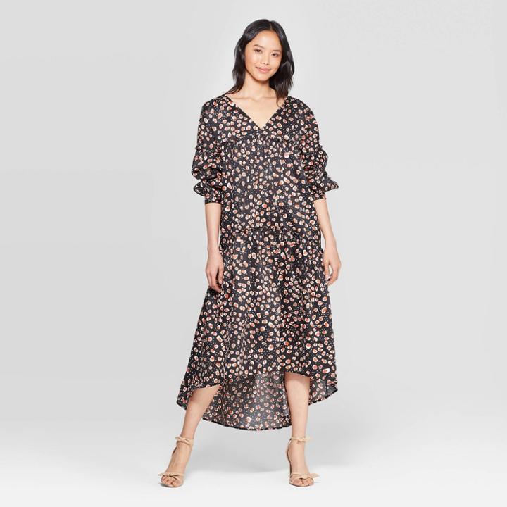Women's Leopard Print 3/4 Sleeve V-neck Tiered Tent Dress - Who What Wear Black