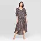 Women's Leopard Print 3/4 Sleeve V-neck Tiered Tent Dress - Who What Wear Black