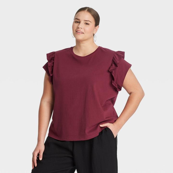 Women's Plus Size Flutter Short Sleeve Ruffle T-shirt - A New Day Burgundy