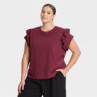 Women's Plus Size Flutter Short Sleeve Ruffle T-shirt - A New Day Burgundy